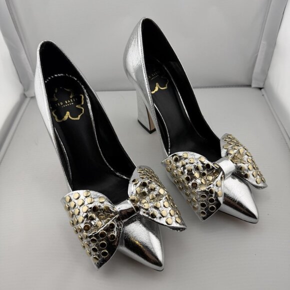 Ted Baker Shoes - Ted Baker London Metallic Silver Studded Bow Heels